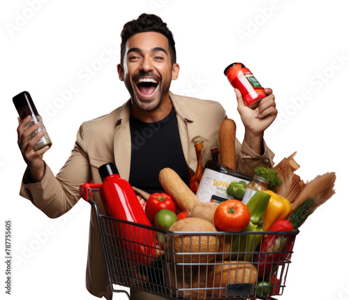 PNG Happy Mexican man holding a shopping basket full of products while he uses a mobile app photography laughing adult.