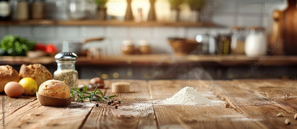 Baking ingredients set out on a wooden table, prepared for cooking, with space for adding text. Depicts the idea of food preparation, with a kitchen background.