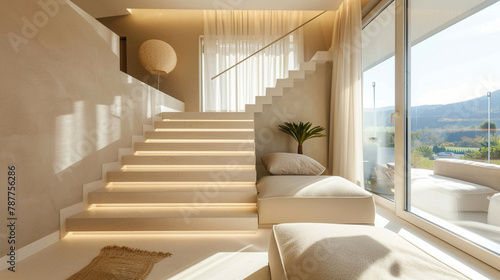 Stylish beige stairs in a Nordic-inspired lounge with a large window and soft natural lighting.