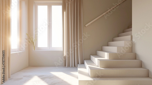 Stylish beige stairs in a Scandinavian-themed interior, complemented by a window. © ASMAT