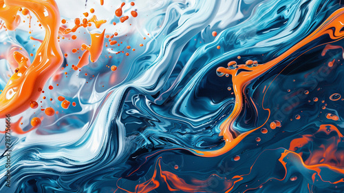 the liquid is blue and orange with dark lines on it  in the style of realistic hyper-detailed rendering  fluid formations  detailed imagery  light red and cyan  digital art techniques  art of tonga