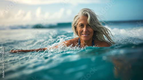 Senior woman smiling while swimming in the ocean. © tiagozr