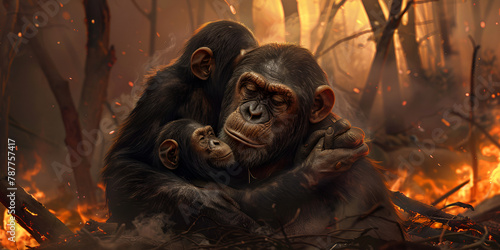 close up a family of chimpanzees hugged each in fire forest background cute beautiful chimps wildlife photography wildlife scene  chimpanzee holds a babies in the jungle photo