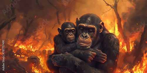 close up a family of chimpanzees hugged each in fire forest background cute beautiful chimps wildlife photography wildlife scene chimpanzee holds a babies in the jungle