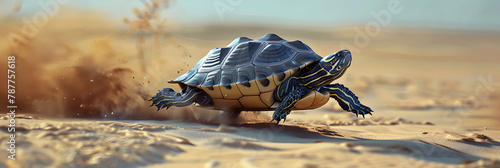 Fast turtle running at full speed in the desert