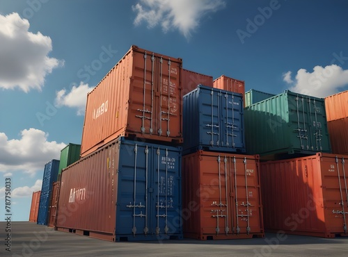 Colored cargo containers against blue sky, shallow focus. 3D rendering 