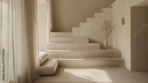 Understated beige stairs with a Scandinavian feel in an airy lounge illuminated by a window.