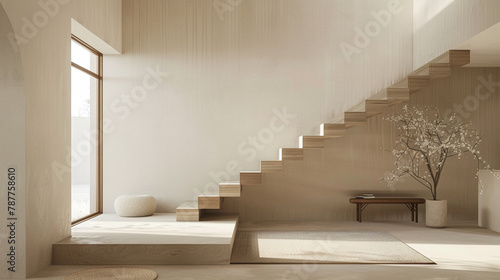 A serene beige staircase with natural wood accents in a Scandinavian-inspired setting.