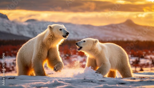 Polar bears playing in the snow