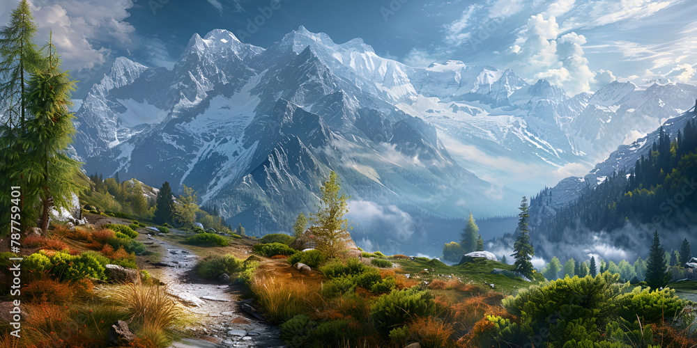 Fantasy landscape with mountain lake and forest Digital painting illustration, panorama of the mountains.AI Generative
