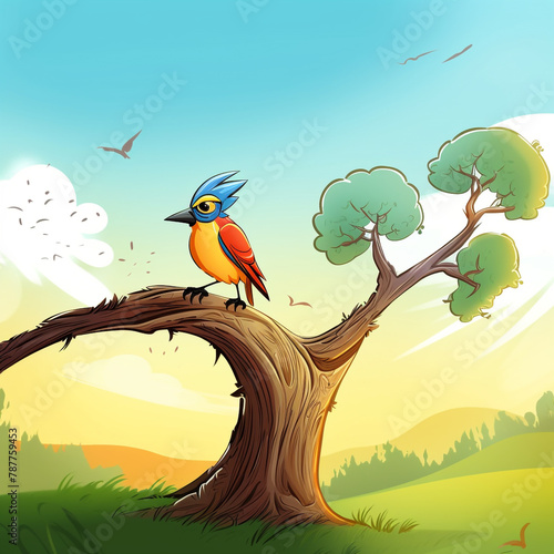 an asthetic pic of a cartoon bird siting on tree cartoon pic