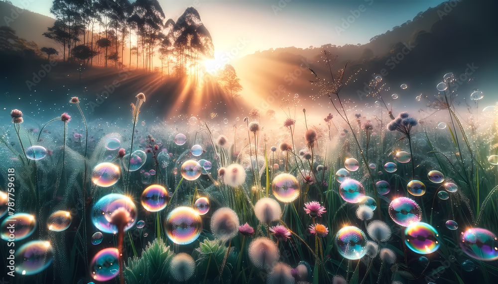 Summer’s Breath - Glistening Bubbles and Sunrise in Meadow
