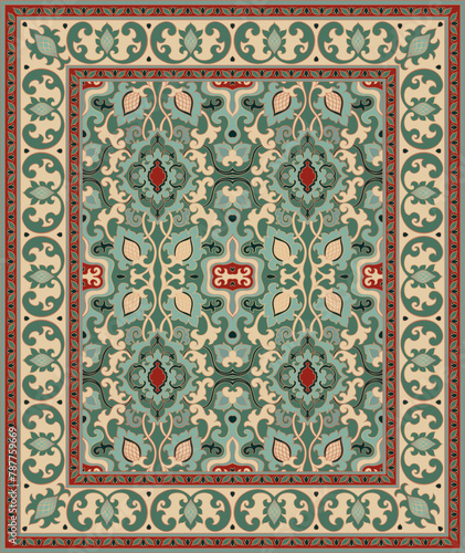 Traditional vintage carpet design. Stylized floral ornament with frame. Template for rug, textile, tapestry.