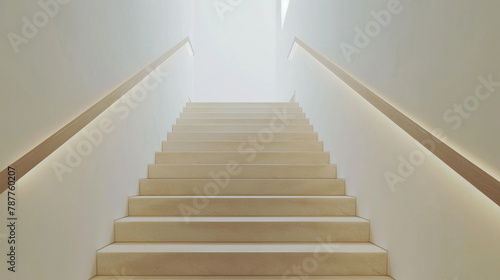 Beige staircase with clean lines and light wood handrails, reminiscent of Scandinavian design principles.
