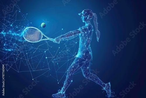 Over a blue geometric backdrop, a low poly wireframe tandem format style art depicts a lady tennis player colliding with a tennis ball and space, Generative AI.