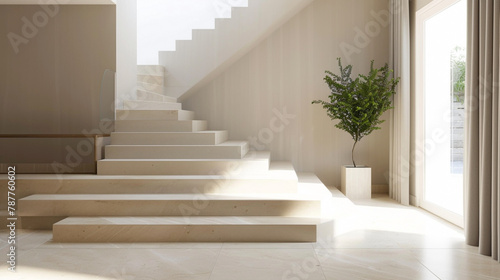 Beige stairs designed with a Scandinavian touch, placed in a modern lounge illuminated by a window. © ASMAT
