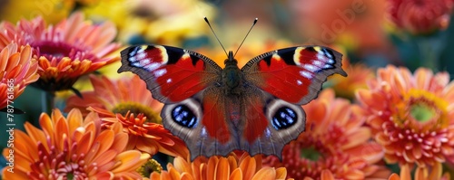 Red peacock butterfly on chrysanthemum flower photo