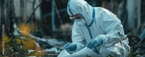 Criminologist in protective suit analyzing data photo