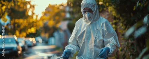 Criminologist in protective suit analyzing data