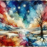 Abstract Watercolor Winter Landscape with Sparkling Stars with Generative AI.