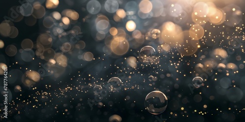 Abstract golden bokeh bubbles beautifully floating against a deep black background, creating a serene and mystical atmosphere