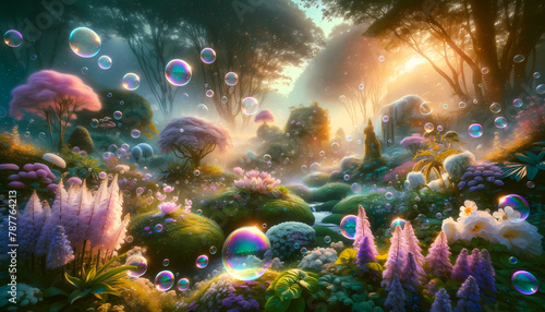 Whimsical Garden Glow with Sparkling Bubbles at Sunrise