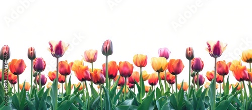 A field of vibrant spring tulips receding in the distance along the bottom edge against a white backdrop with room for text.