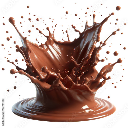 3D splash of chocolate liquid, brown, white background, isolated object PNG