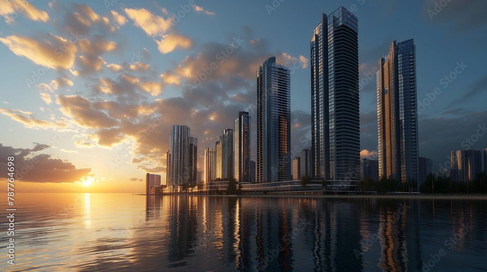 Obraz premium Urban Sunset by the River: Chicago Skyline and Buildings Reflecting on Water at Dusk
