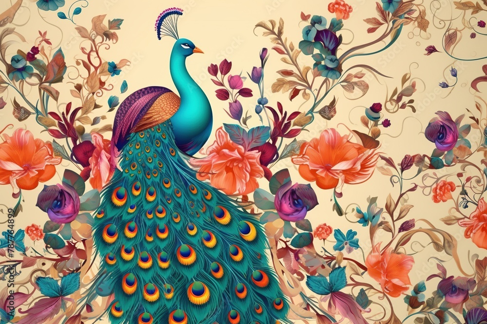 Fototapeta premium a peacock with flowers and a bird on it
