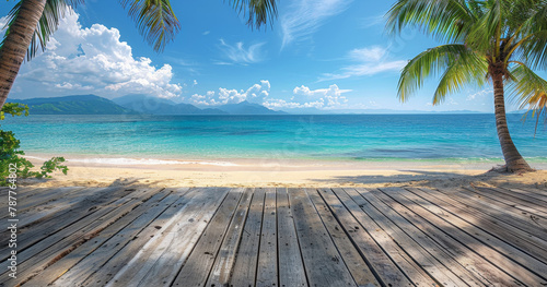 A beautiful beach scene with a wooden boardwalk and palm trees by AI generated image