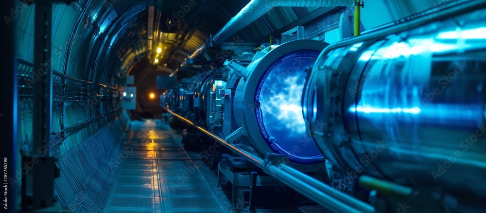 A captivating look inside a futuristic laboratory facility with blue energy pulsing through it against a modern background, illustrating innovation A captivating look inside a futuristic laboratory facility with blue energy pulsing through it against a modern background, illustrating innovation