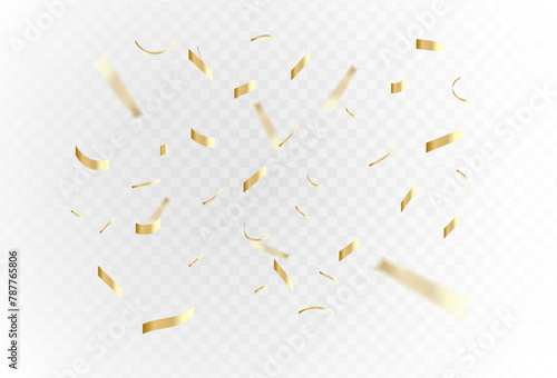 Confetti explosion on a transparent background. Shiny shiny golden paper pieces fly and spread around