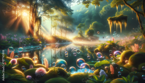 Tranquil Dawn in Enchanted Flower Garden with Reflective Bubbles
