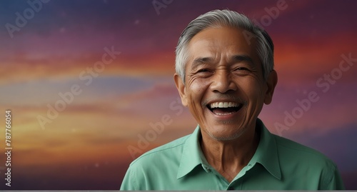 young indonesian elderly man on plain bright colorful background laughing hysterically looking at camera background banner template ad marketing concept from Generative AI photo