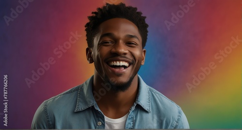 young jamaican man on plain bright colorful background laughing hysterically looking at camera background banner template ad marketing concept from Generative AI photo