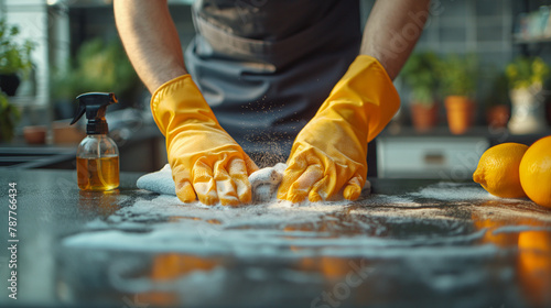 Man cleaning hands in closed gloves, butler, man scrubbing table with cloth, spray, professional cleaning service work, man showing at home, office duty, kitchen cleaning. 