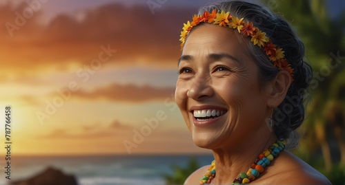 young native hawaiian elderly woman on plain bright colorful background laughing hysterically looking at camera background banner template ad marketing concept from Generative AI © sevenSkies