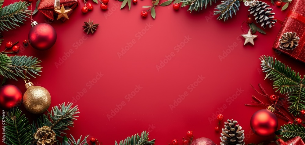 Festive Red Christmas Background with Decorations. Festive Red Christmas Background with Decorations.