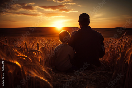 father s day. Silhouettes of father and son on sunset landscape background. Generative AI