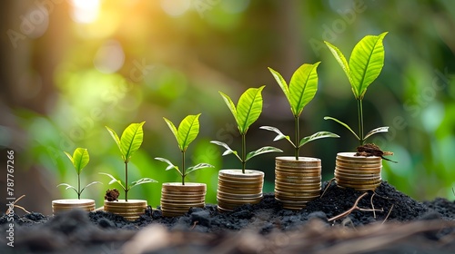 A row of coins, growing plants on top, symbolizing financial growth and ecofriendly wealth management in the style of green business concept. 