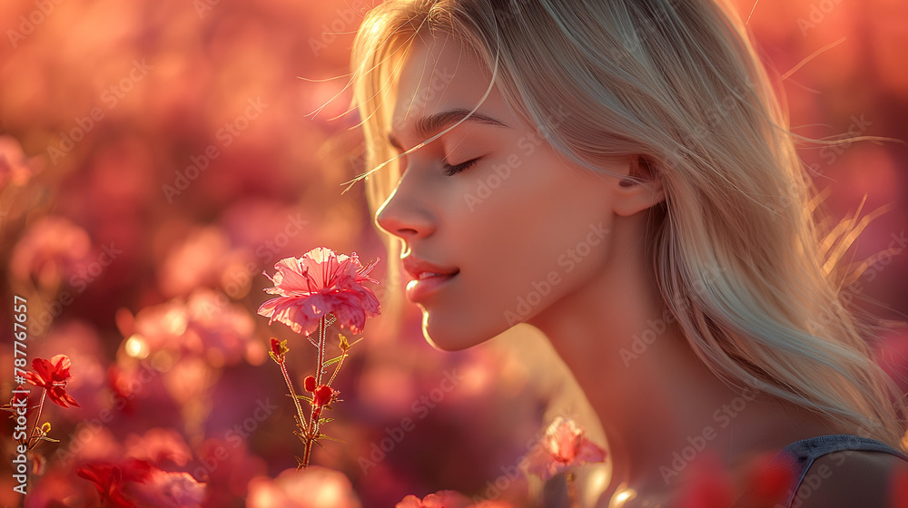 A blonde woman wearing a purple dress was standing and smelling red flowers and a gentle breeze was blowing. A blonde woman wearing a purple dress was standing and smelling red flowers and a gentle breeze was blowing.
