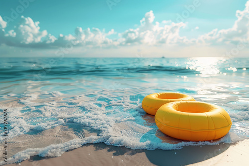 Swimming Pool Ring Float in on beach. summer vacation concept. Generative AI