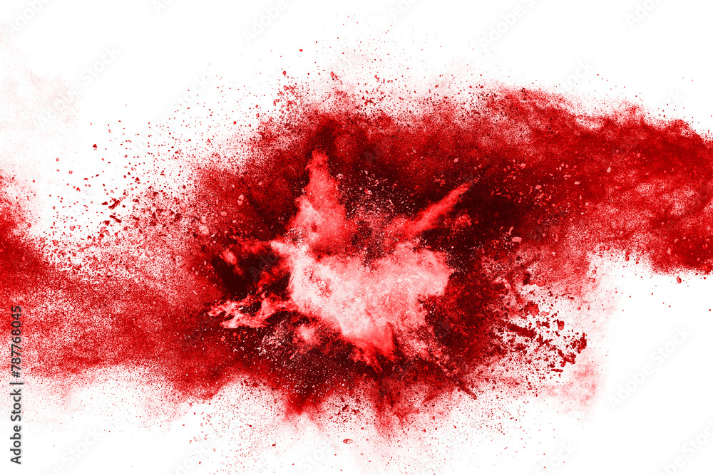 Freeze motion of red powder exploding. Abstract design of red dust cloud. Particles explosion screen saver, wallpaper
