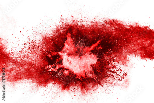 Freeze motion of red powder exploding. Abstract design of red dust cloud. Particles explosion screen saver, wallpaper