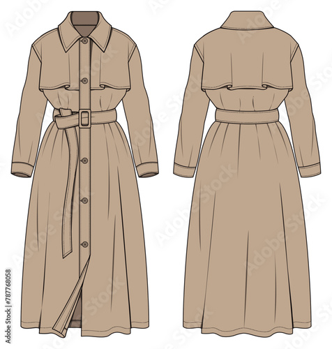 Women’s  Dress, coats, windbreaker, Long shirt, Front and Back View Vector Fashion Illustration , CAD, Technical Drawing, Flat Drawing.