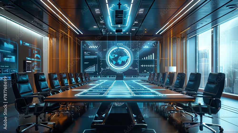 Predictive analytics in business meeting requirements gathering methodologies, showcased in a futuristic boardroom - obrazy, fototapety, plakaty 