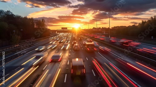 Heavy traffic moving at speed on expressway in city at sunset motion blur. freeway, tollway, highway, motorway