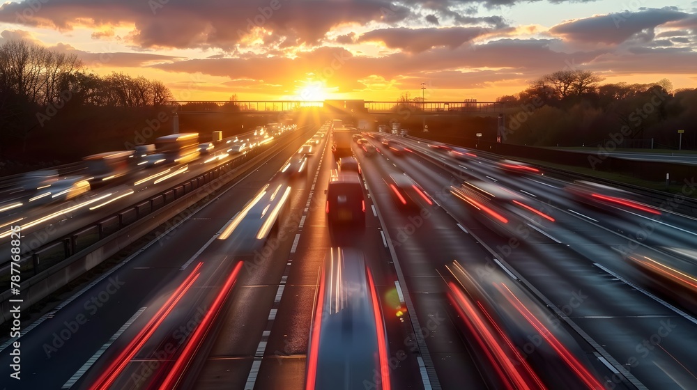 Heavy traffic moving at speed on expressway in city at sunset motion blur. freeway, tollway, highway, motorway Heavy traffic moving at speed on expressway in city at sunset motion blur. freeway, tollway, highway, motorway