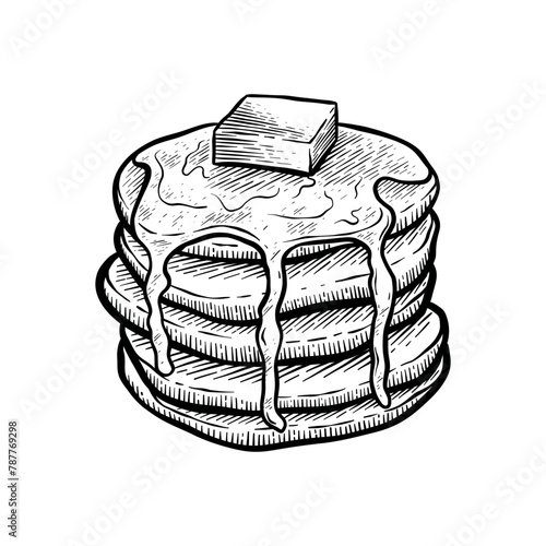 hand drawn illustration of pancakes with butter and syrup on top